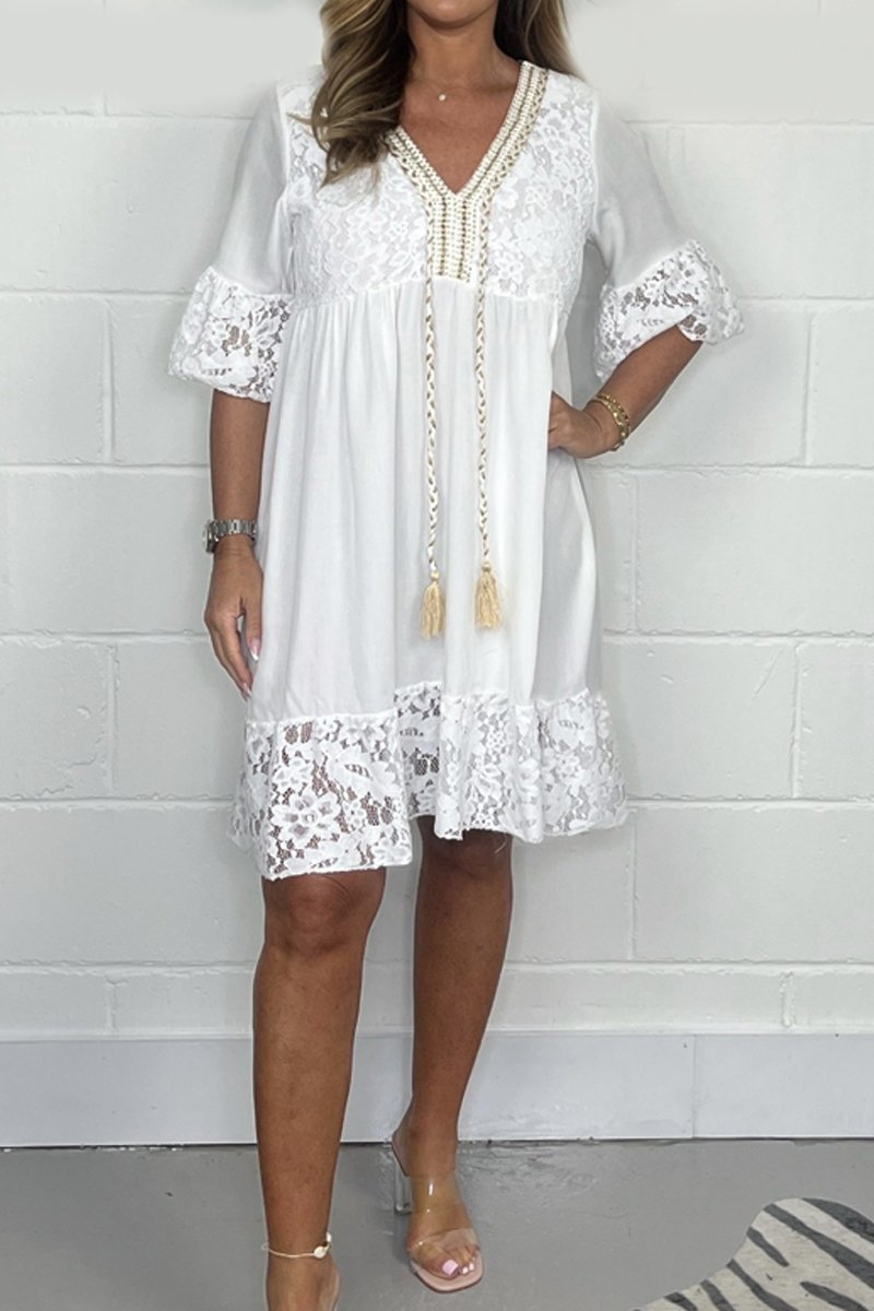 Levoire | Robe Avec Décolleté En V Et Patchwork En Dentelle Blanc