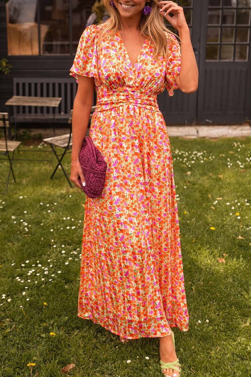 Levoire | Robe Longue Fleurie Élégante Et Aérienne Orange