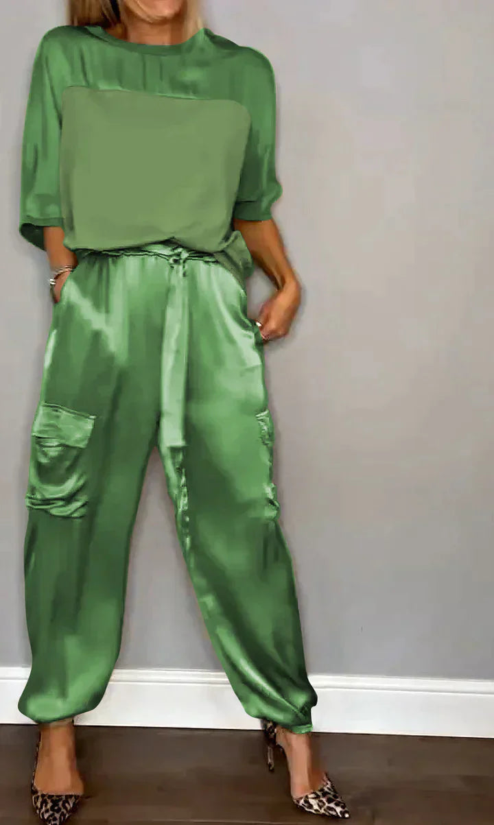 Levoire | Ensemble Satin Lisse Haut Mi-Long Et Pantalon Vert
