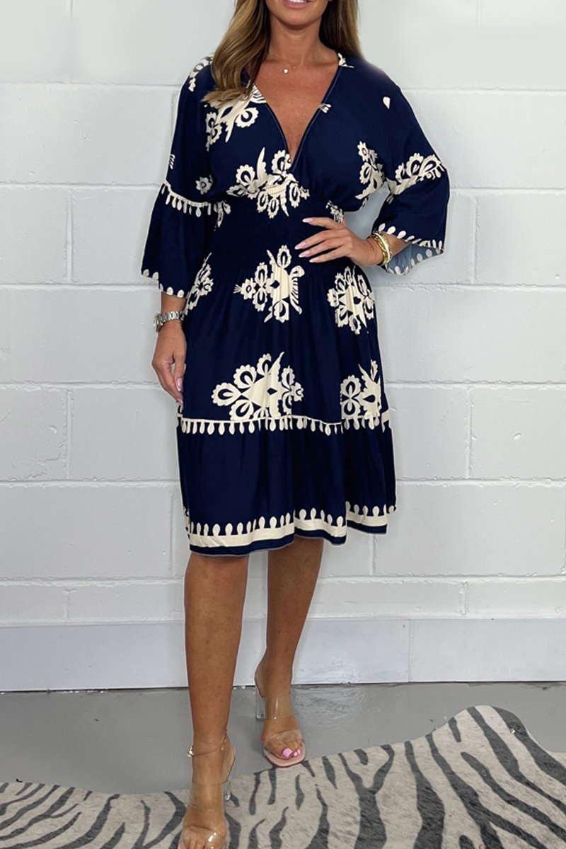 Levoire | Robe Avec Décolleté En V Et Imprimé Bleu marine