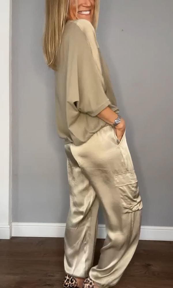 Levoire | Femmes Satin Ensembles Deux Pièces : Top À Manches Courtes Et Pantalon