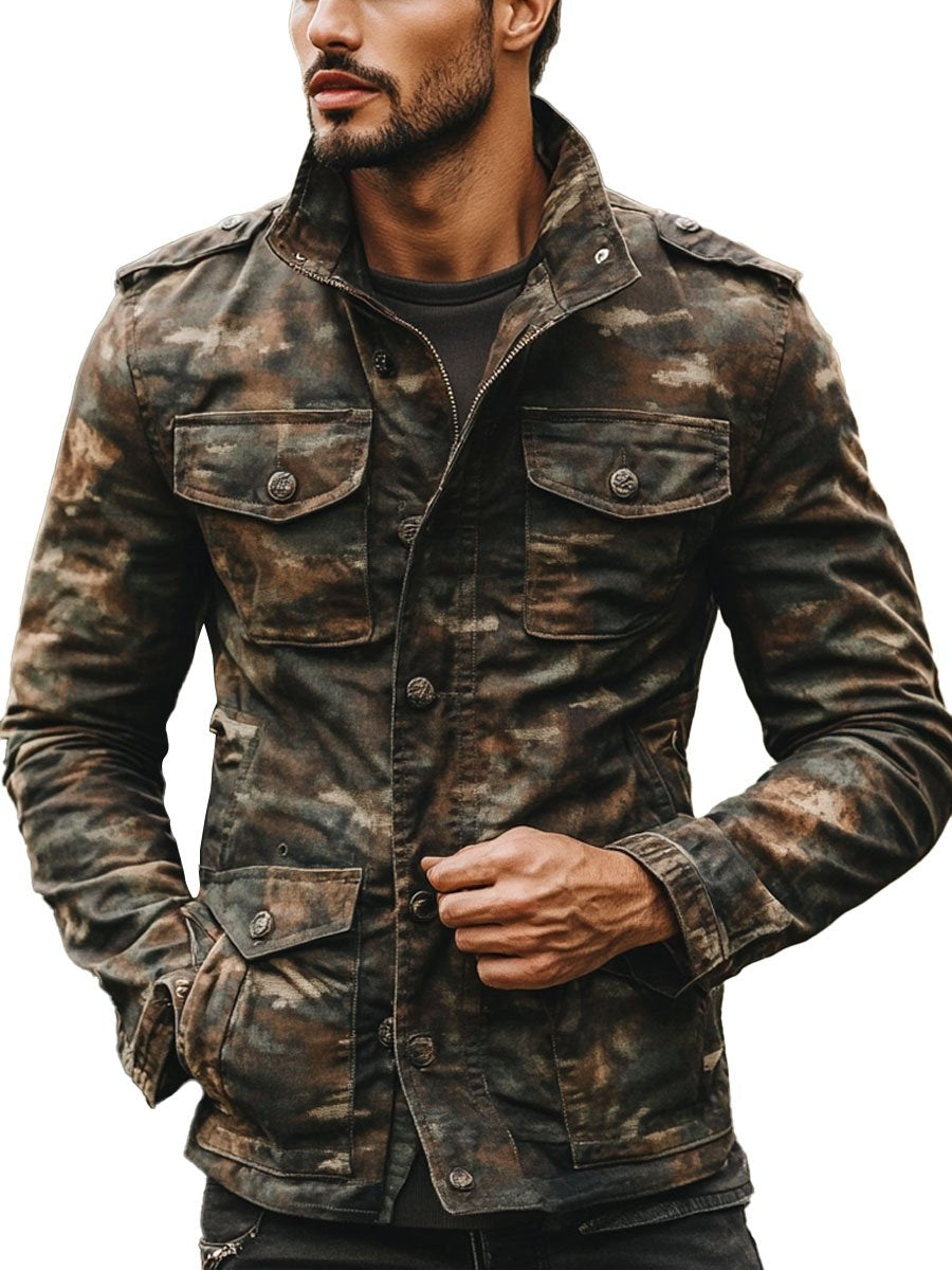 Levoire | Camouflage Impression Multi-Poches Fermeture Éclair Veste Décontractée Couleur de la photo
