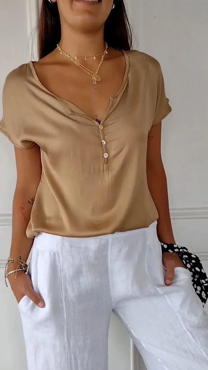 Levoire | Haut Satin Avec Décolleté En V Et Fermeture À Bouton Hellebraun
