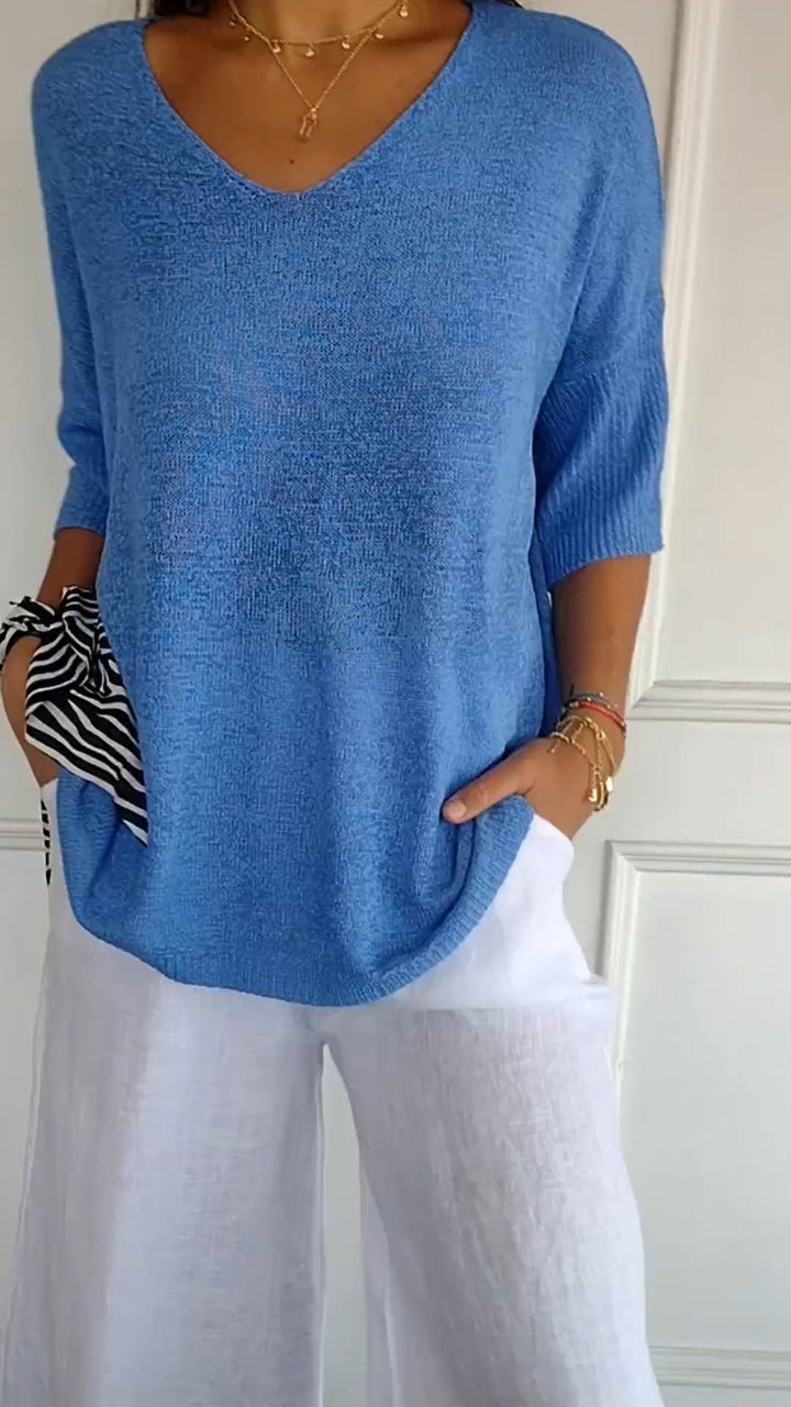 Levoire | Haut En Tricot À Col En V Élégant Et Polyvalent Bleu