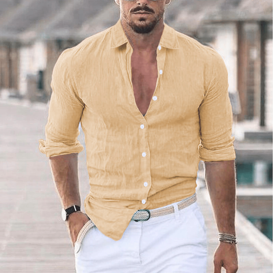 Levoire | Chemise en lin pour hommes avec col rabattu tendance Khaki
