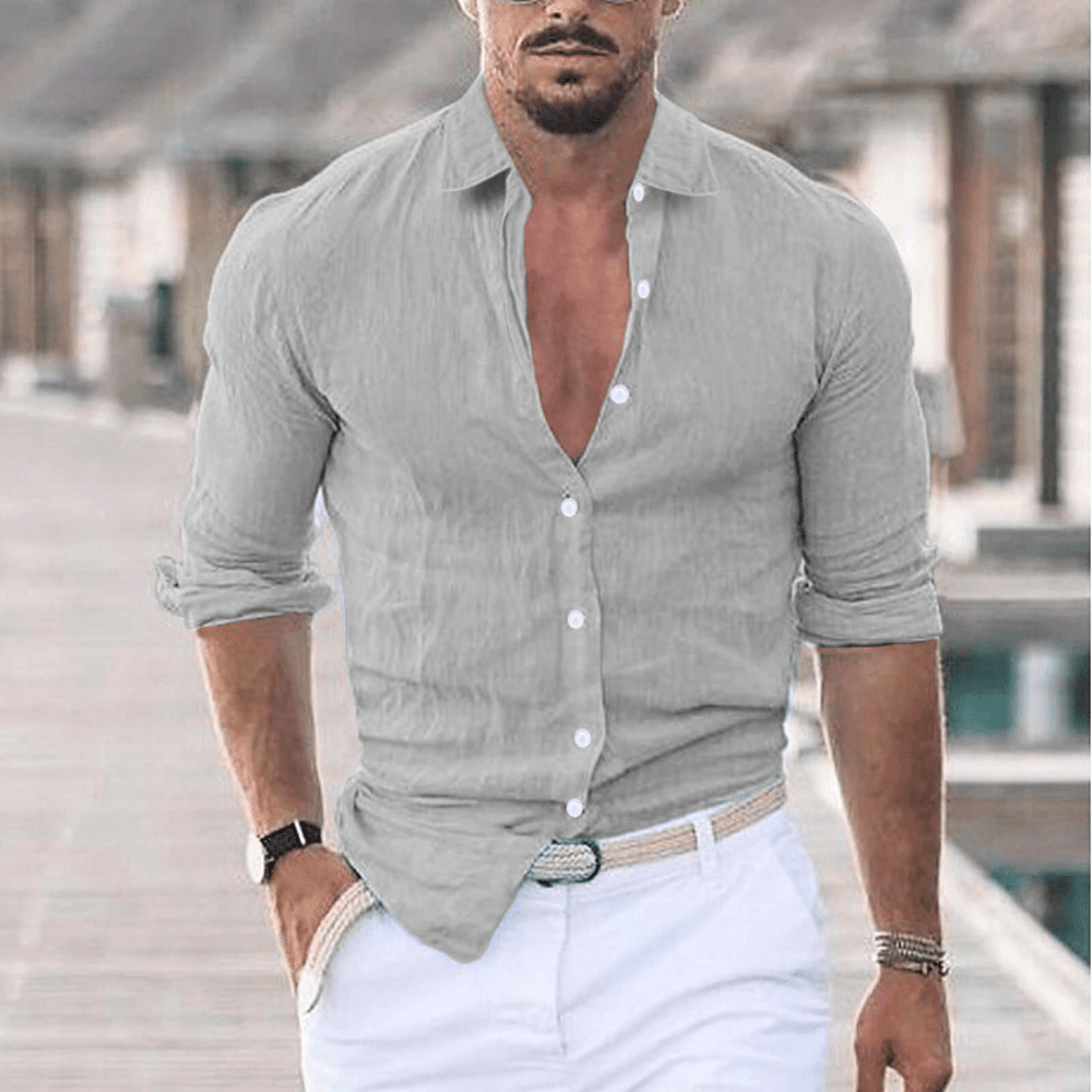 Levoire | Chemise en lin pour hommes avec col rabattu tendance Gris