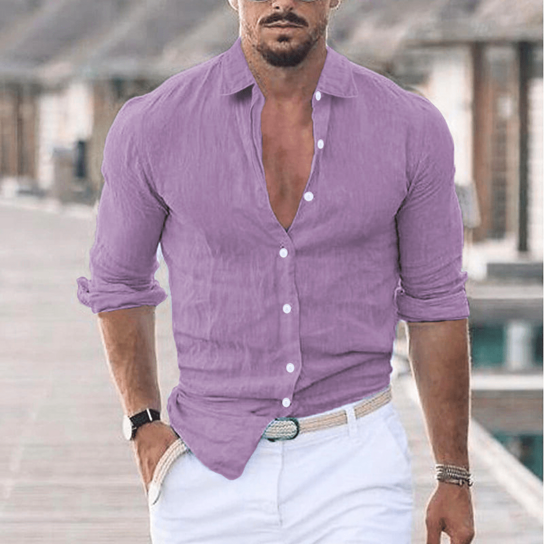 Levoire | Chemise en lin pour hommes avec col rabattu tendance Lilas