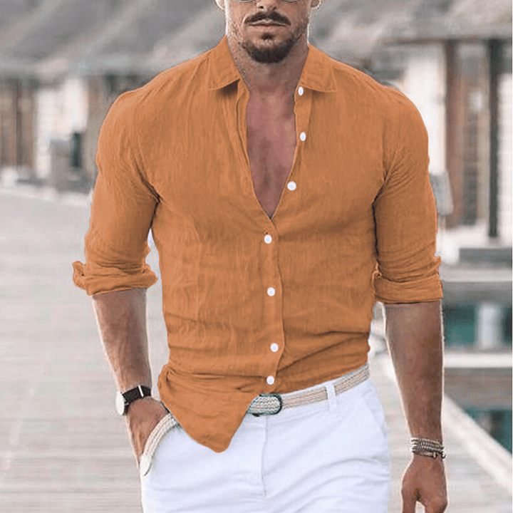Levoire | Chemise en lin pour hommes avec col rabattu tendance Braun