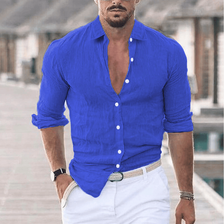 Levoire | Chemise en lin pour hommes avec col rabattu tendance Bleu