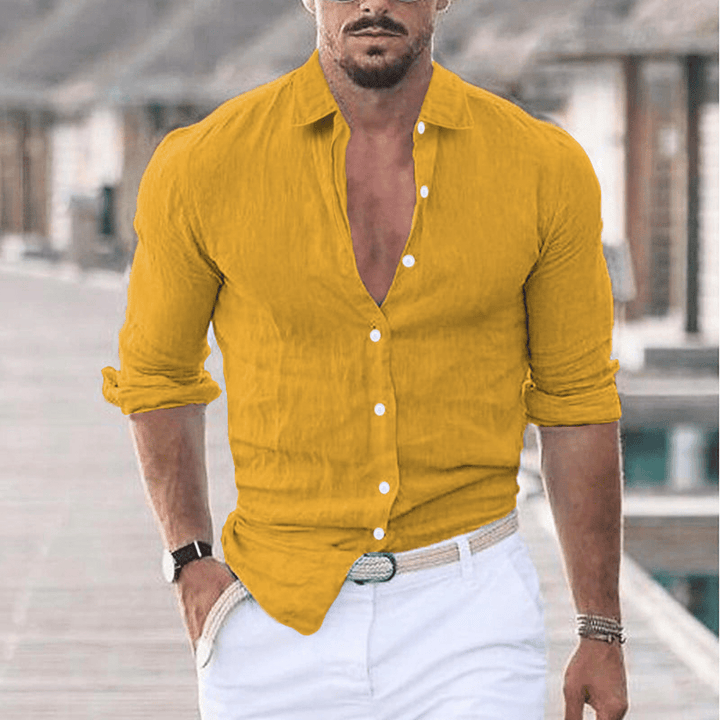 Levoire | Chemise en lin pour hommes avec col rabattu tendance Jaune