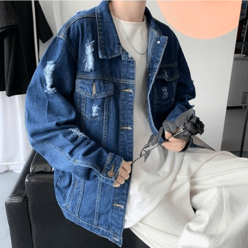 Levoire | Veste Homme Denim Bleu Veste Avec Déchirures Jean Veste Pour Printemps & Automne