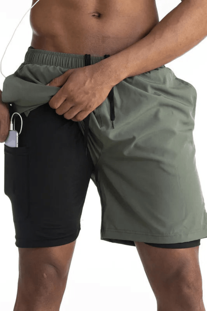 Levoire | Short de course avec sous-vêtement et poche, séchage rapide et confortable Vert foncé militaire