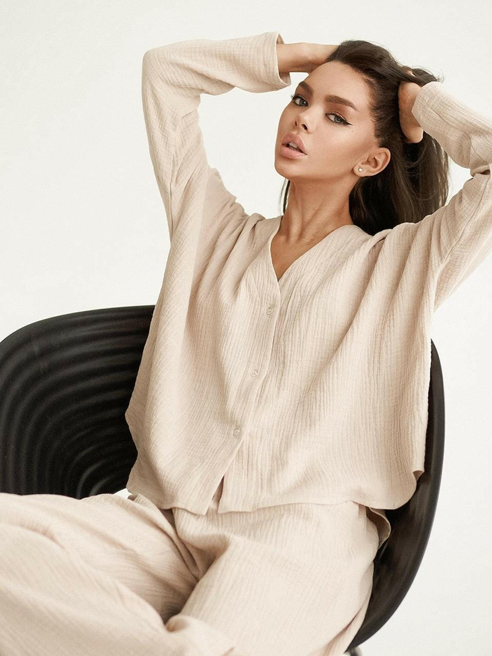 Levoire | Kaki Pur Coton Coupe Ample Pantalon Set