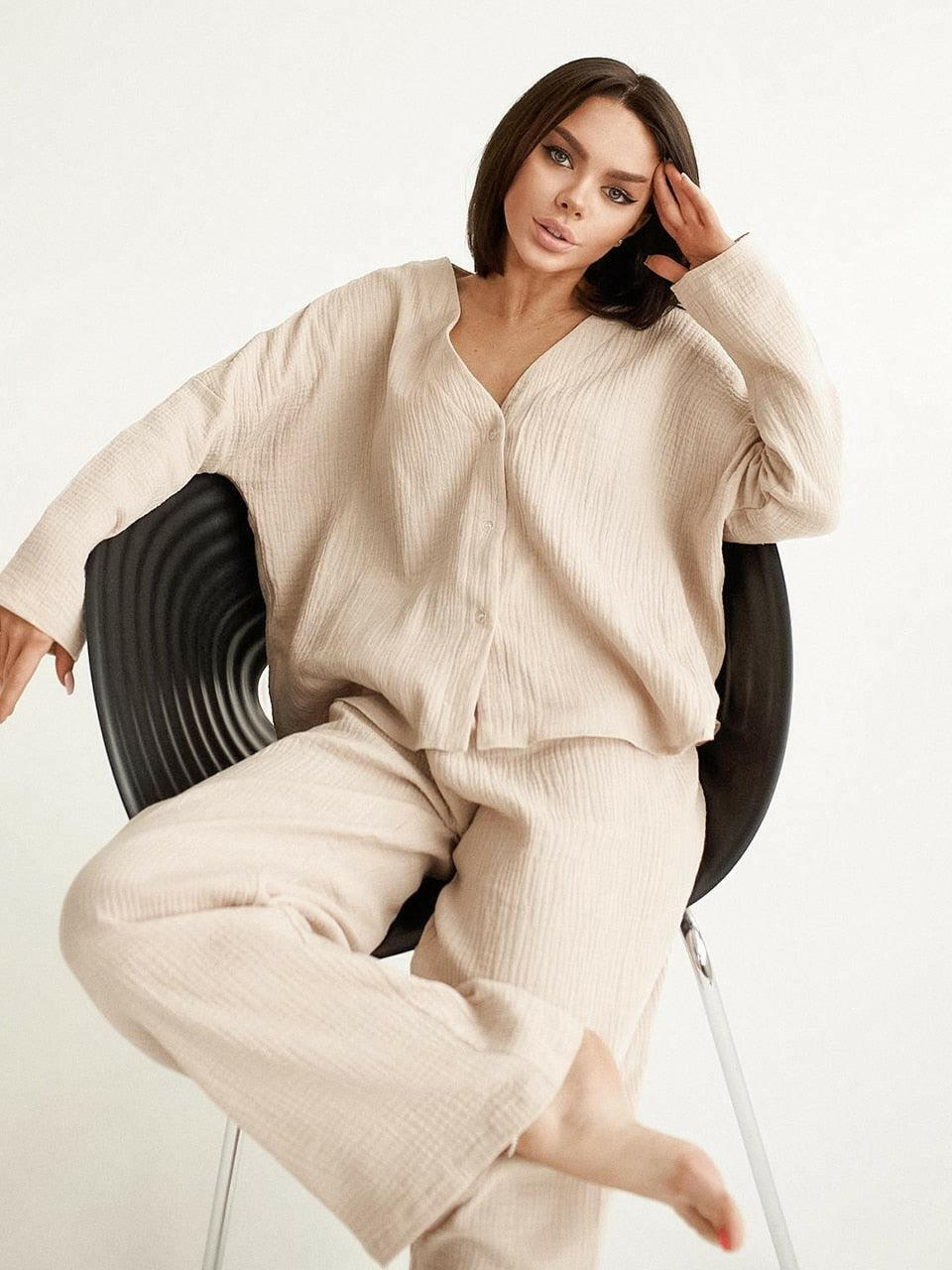 Levoire | Kaki Pur Coton Coupe Ample Pantalon Set Khaki S