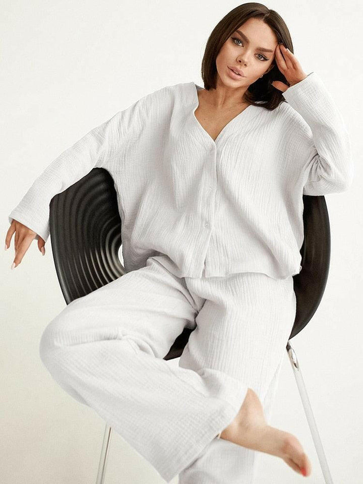Levoire | Kaki Pur Coton Coupe Ample Pantalon Set Blanc