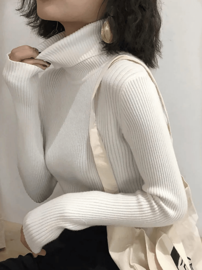 Levoire | Pull pour femmes côtelé chaud confortable col roulé slim fit Blanc Une taille