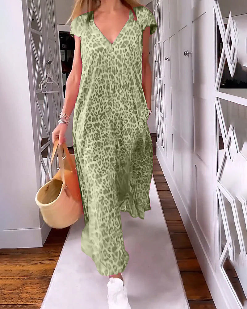 Levoire | Robe Maxi avec Encolure en V et Manches Courtes Vert foncé