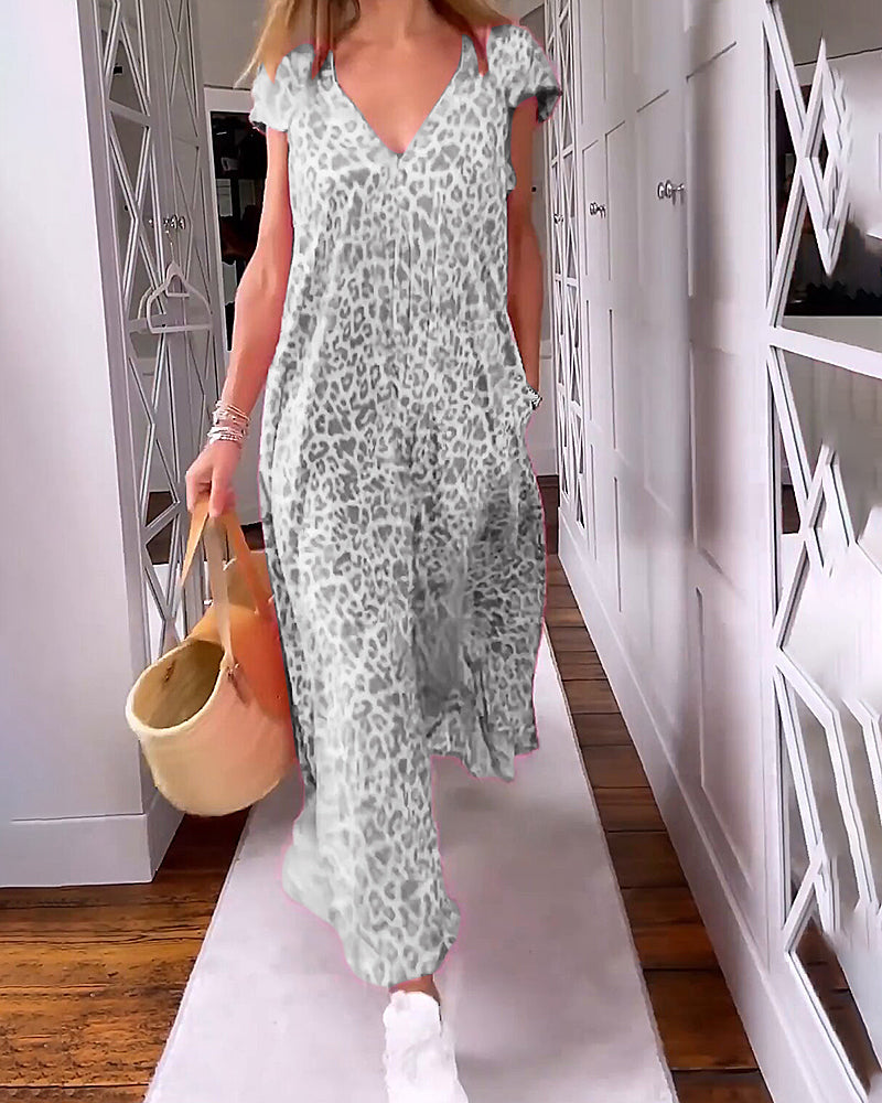 Levoire | Robe Maxi avec Encolure en V et Manches Courtes Gris