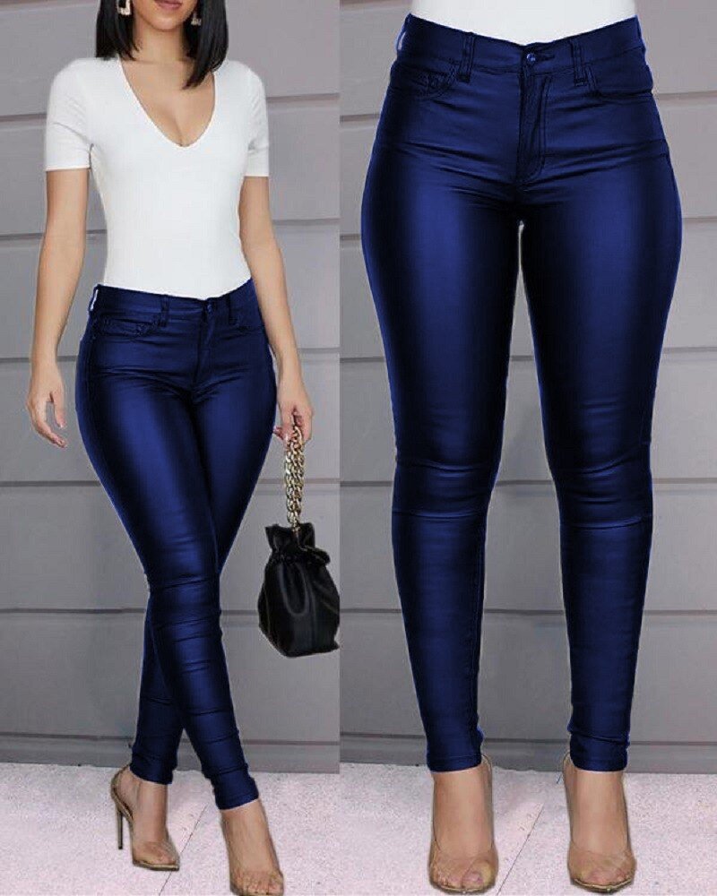 Levoire | Pantalons Taille Haute Minces Fermeture Boutonnée Bleu