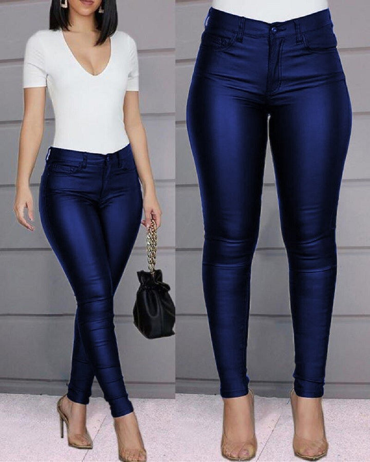 Levoire | Pantalons Taille Haute Minces Fermeture Boutonnée Bleu