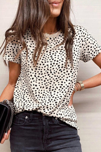 Levoire | Sweater à col rond à manches courtes à pois léopard décontractée et ample pour femmes