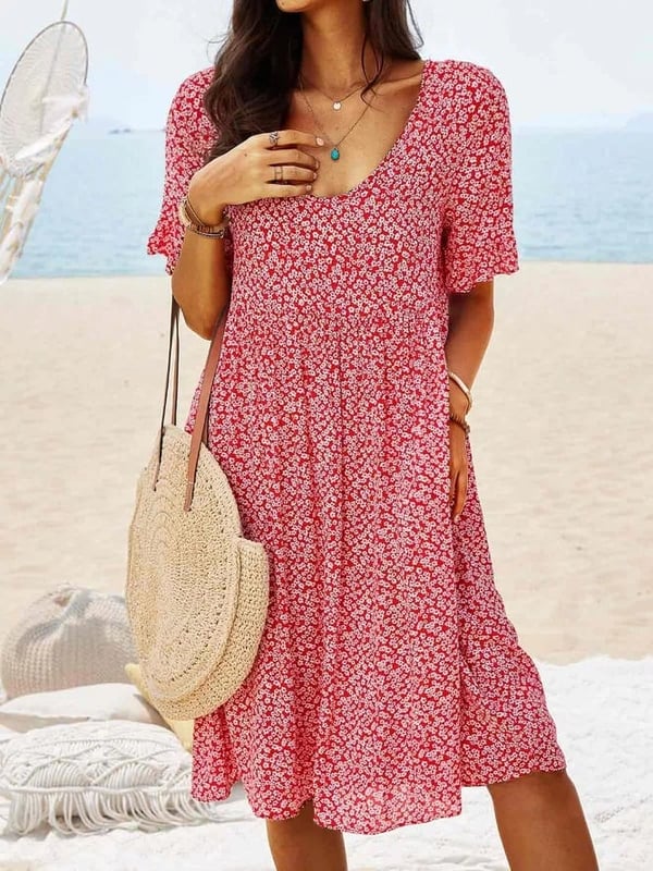 Levoire | Col Rond Saison Décontracté Midi Robe Motif Floral Rot