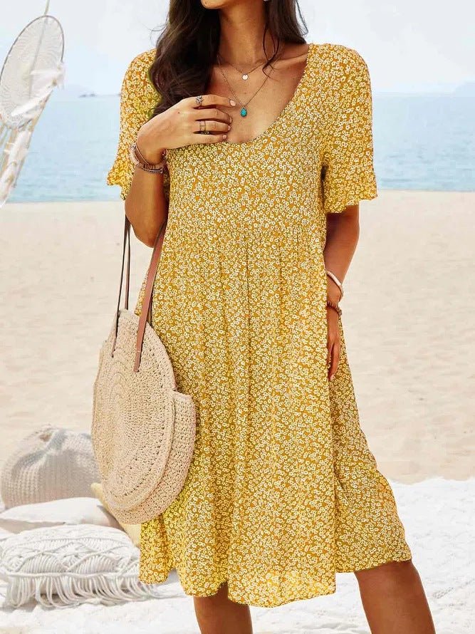 Levoire | Col Rond Saison Décontracté Midi Robe Motif Floral Jaune
