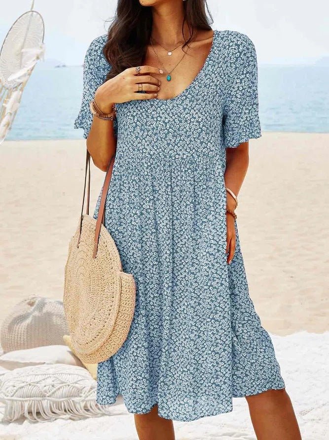 Levoire | Col Rond Saison Décontracté Midi Robe Motif Floral Bleu clair