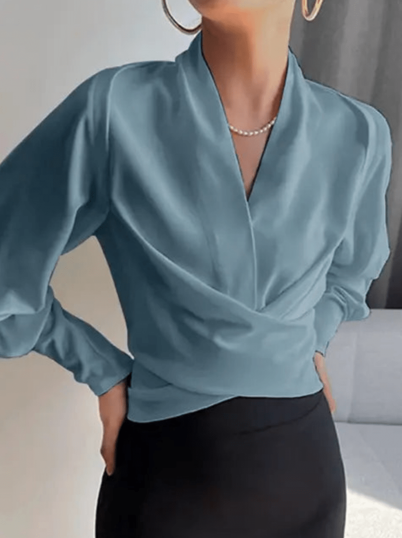 Levoire | Blouse femme à col en V avec manches bouffantes design élégant et décontracté Bleu