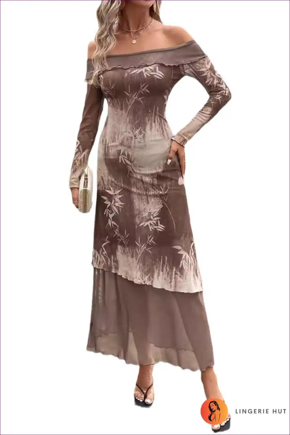 Levoire | Robe en filet imprimée en bambou - Style élégant Marron foncé