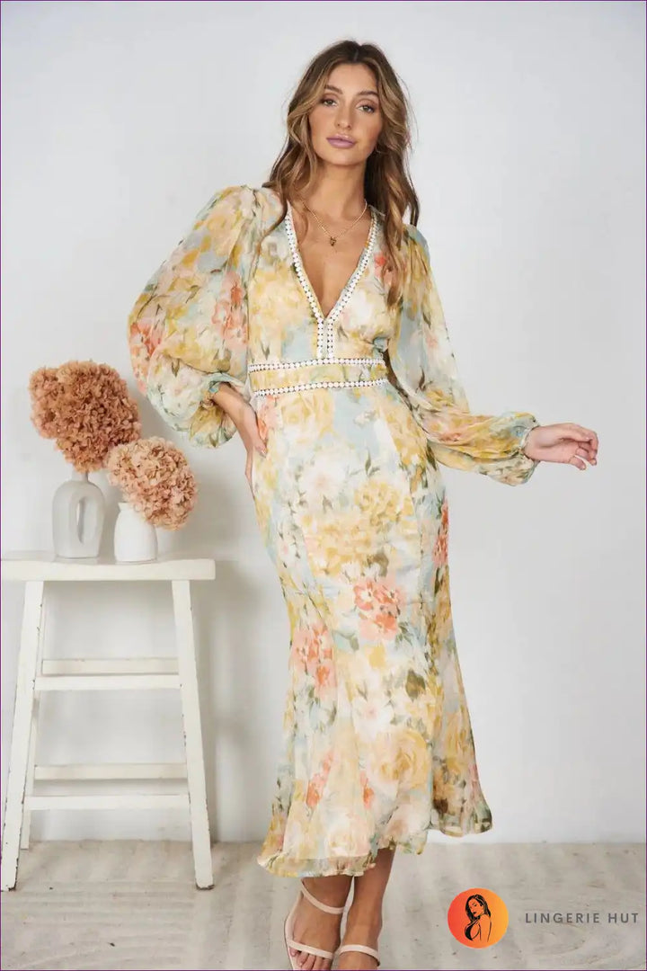 Levoire | Robe Maxi Boho Fleurie – Élégance de Vacances Jaune