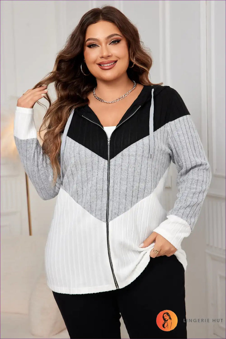 Levoire | Bloc de Couleur Sweat à Capuche zippé – Tendance Plus-Size Loisirs Couche Noir