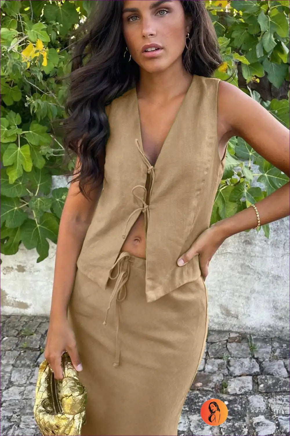 Levoire | Ensemble en coton V élégant - Style d'été élégant Khaki