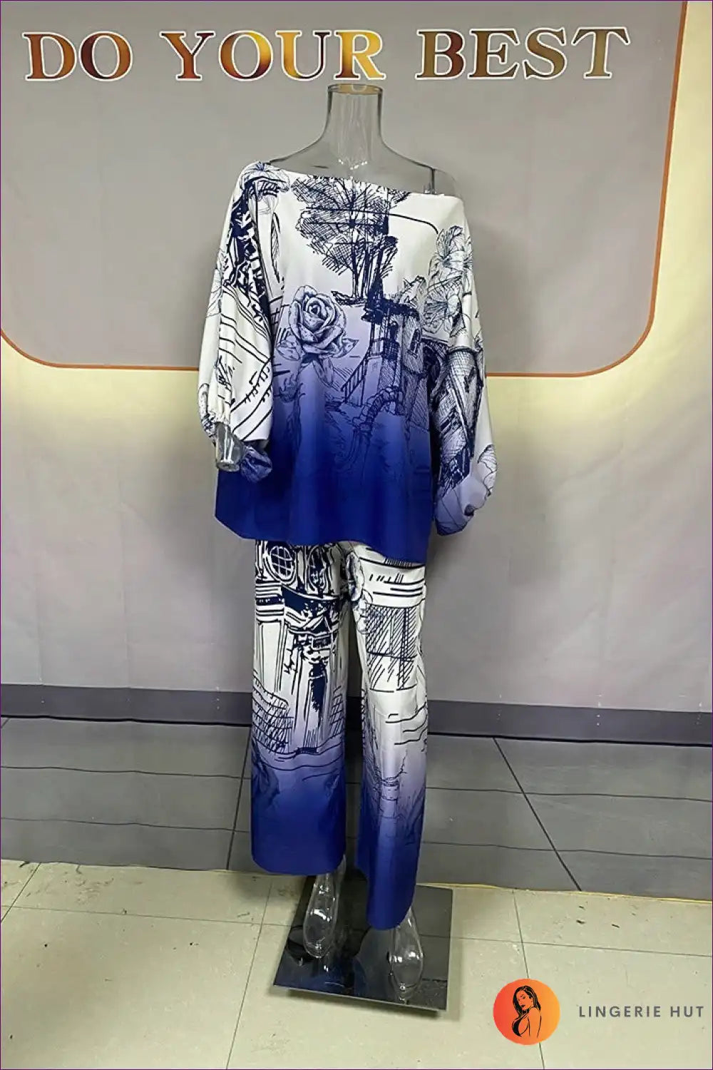 Levoire | Élégant haut à batwing fleuri et ensemble de pantalons Mereneito