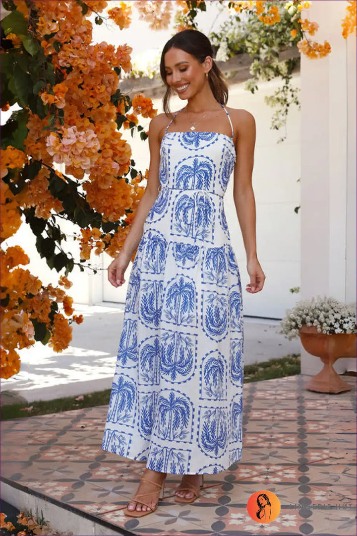 Levoire | Robe halter graphique élégante - L'élégance de l'été Bleu