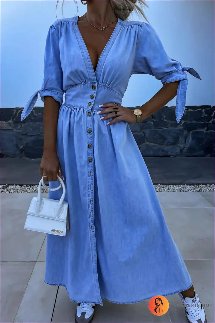 Levoire | Robe maxi en jean fendue élégante – Élégance sans effort Bleu clair