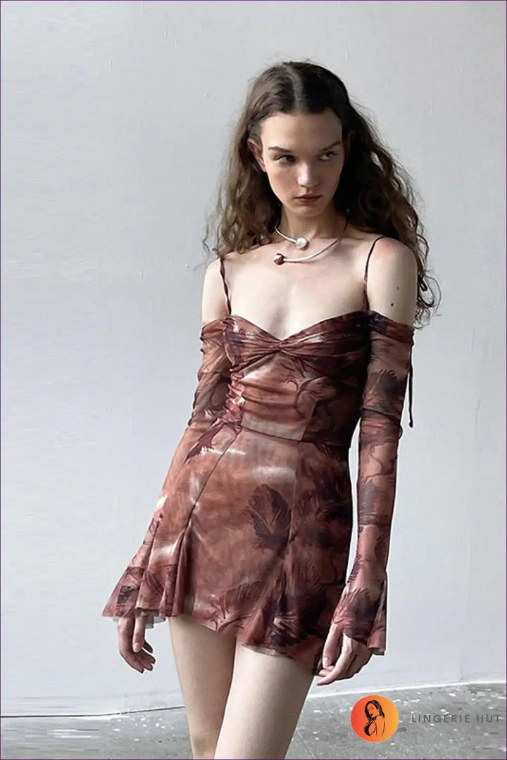 Levoire | Lumoava robe minime à motif de feuilles - Style bohème romantique Braun
