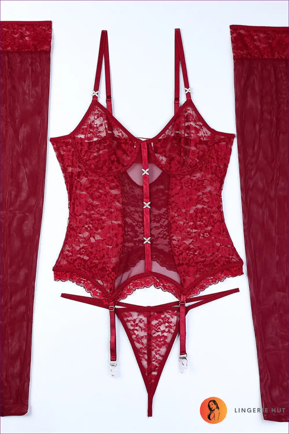 Levoire | Luxueux ensemble de lingerie en cristal de dentelle avec boucle – Trio de harcèlement Bordeaux