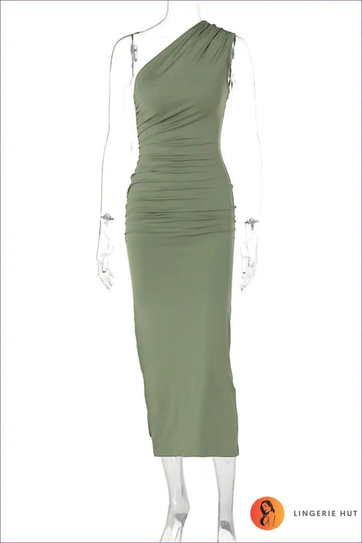 Levoire | Olive Robe Maxi à Roupillon d'Épaule Unique - Élégance Intemporelle Vert