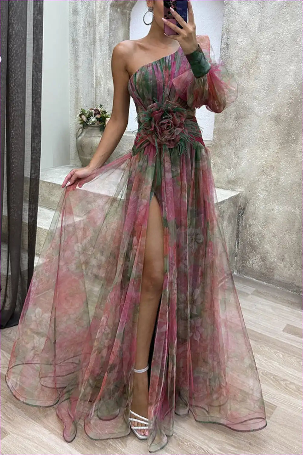Levoire | Robe en soie florale à une épaule - Élégance fascinante Rot