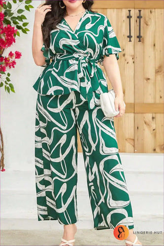 Levoire | Plus Size Vert Abstrait Imprimé Ensemble Deux Pièces
