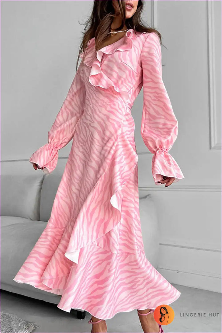 Levoire | Robe midi zèbre romantique froncée - Rose parfait pour chaque occasion