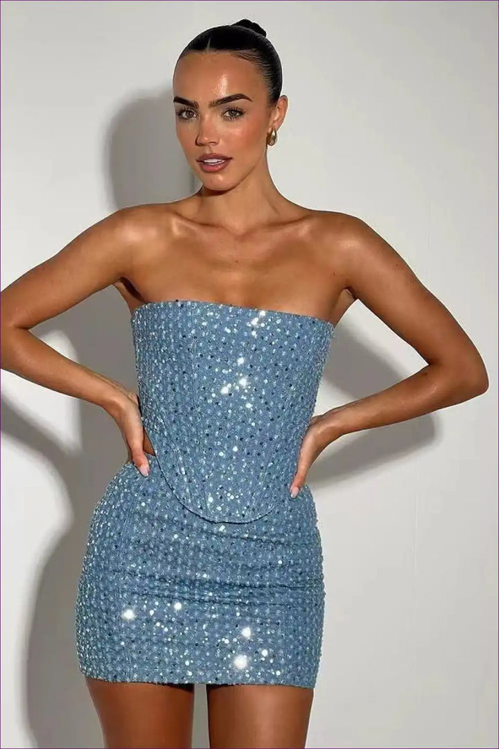 Levoire | Top en tube en denim sexy avec paillettes - Style d'été scintillant Bleu