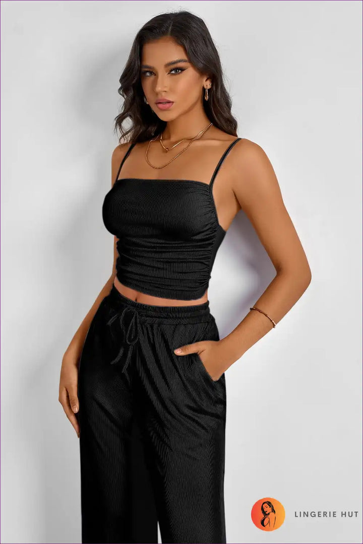 Levoire | Ensemble Superposé à Bretelles Spaghetti Sexy - Glamour d'Été Sans Effort Noir