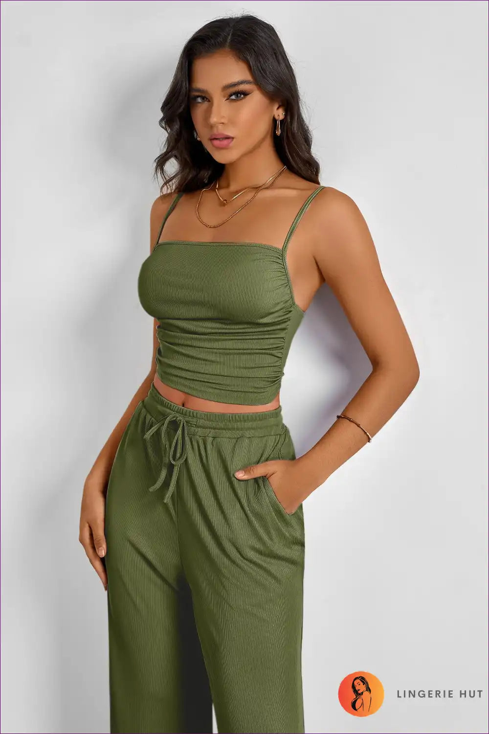 Levoire | Ensemble Superposé à Bretelles Spaghetti Sexy - Glamour d'Été Sans Effort Vert foncé