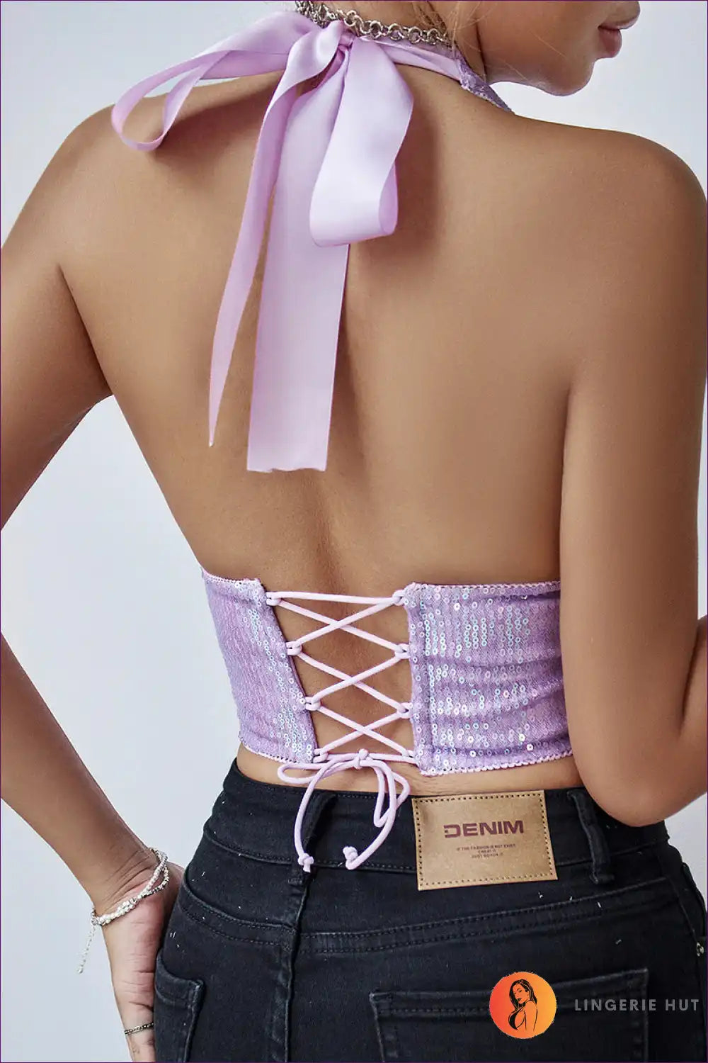 Levoire | Top court en dentelle à col halter scintillant – Glamour de fête