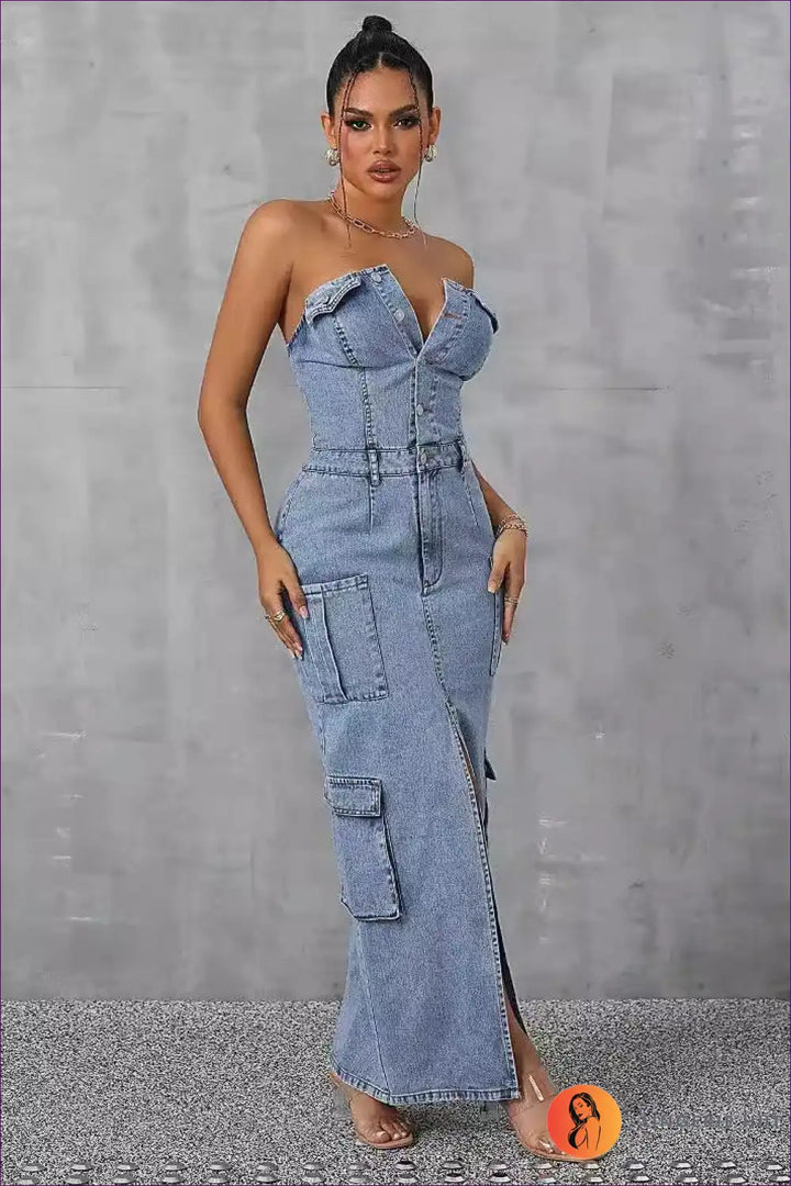 Levoire | Robe Maxi en Denim Sans Épaules – Romantique & Élégante
