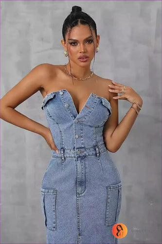 Levoire | Robe Maxi en Denim Sans Épaules – Romantique & Élégante