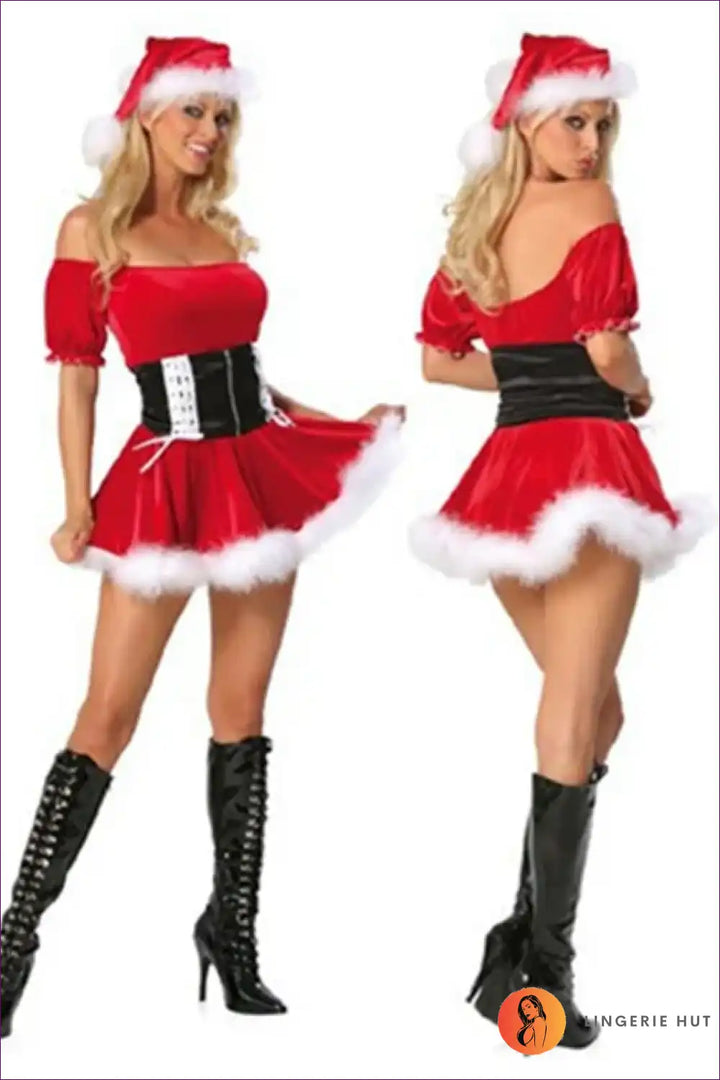 Levoire | Samt Santa Cosplay Robe - Plüsch Off-Shoulder Élégance Rot1 Une taille
