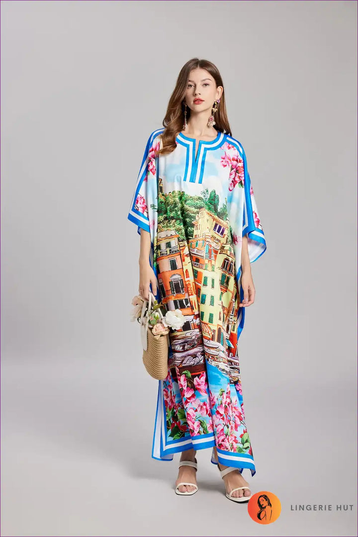 Levoire | Kaftan Paysage Urbain Vibrant - robe maxi de vacances luxueuse Multi-1